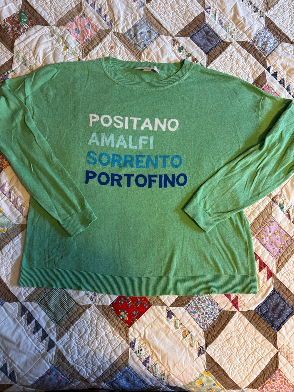 LOFT Green Crewneck Sweater with Multicolor Coastal Text